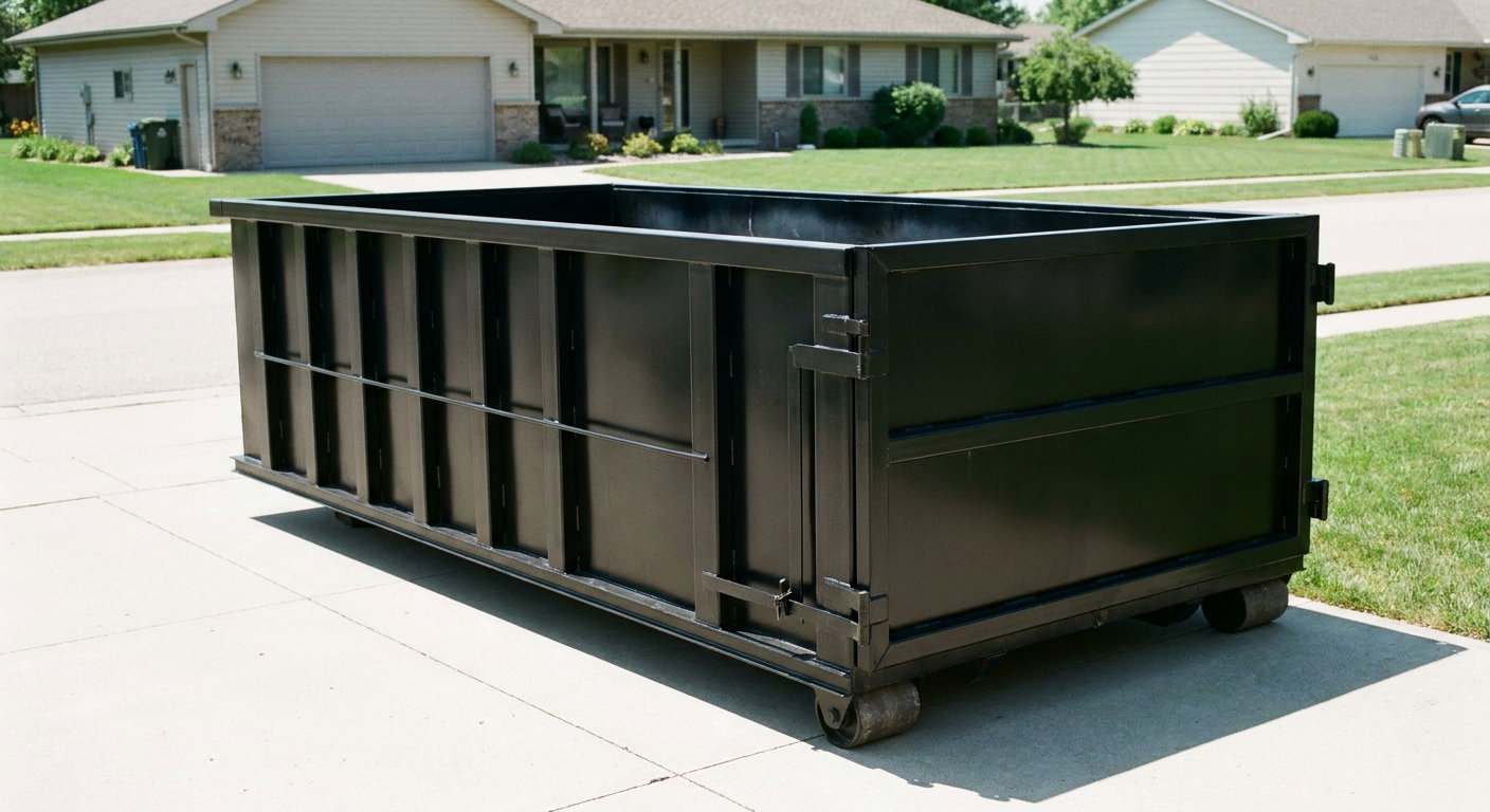 Matte-black 10-yard roll-off dumpster on a residential concrete driveway in Lancaster, uniformly painted matte black across every panel and rail, ribbed steel sidewalls and rear swing door visible, mid-day daylight.