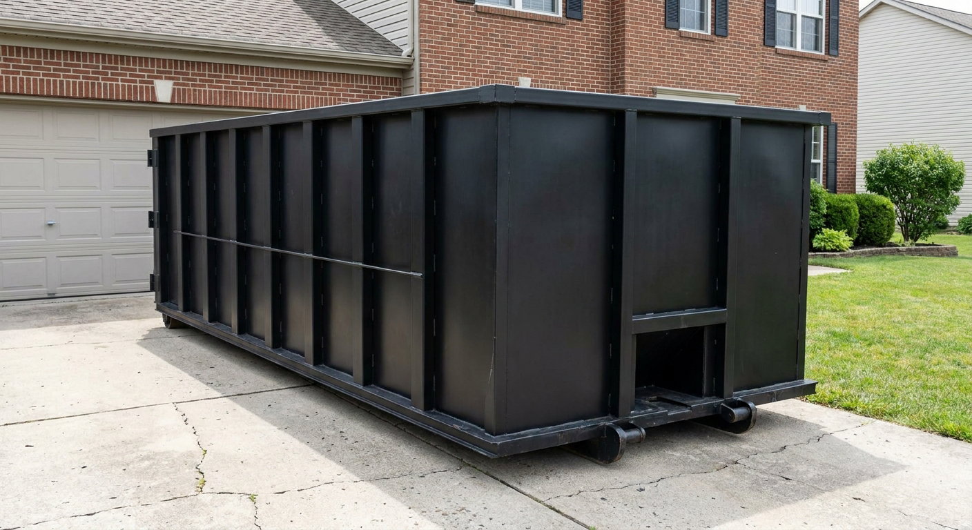 Matte-black 20-yard roll-off container on a Lancaster residential concrete driveway with reinforced ribbed steel sidewalls and a hinged rear walk-in door, clean bright daylight.
